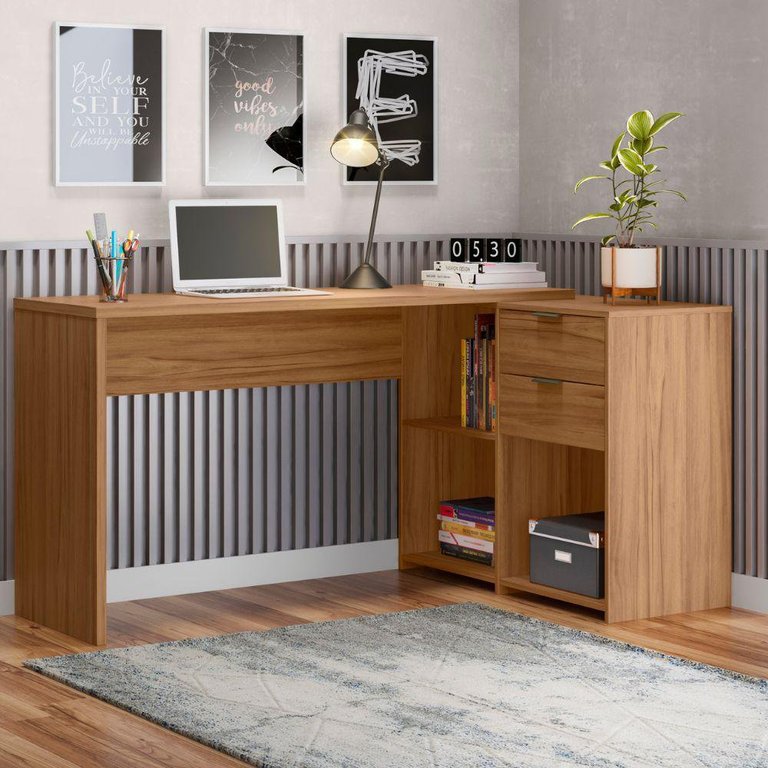 Mesa de Escritório Escrivaninha em L Notavel Com Tampo Giratório e 2 Gavetas Freijó Trend