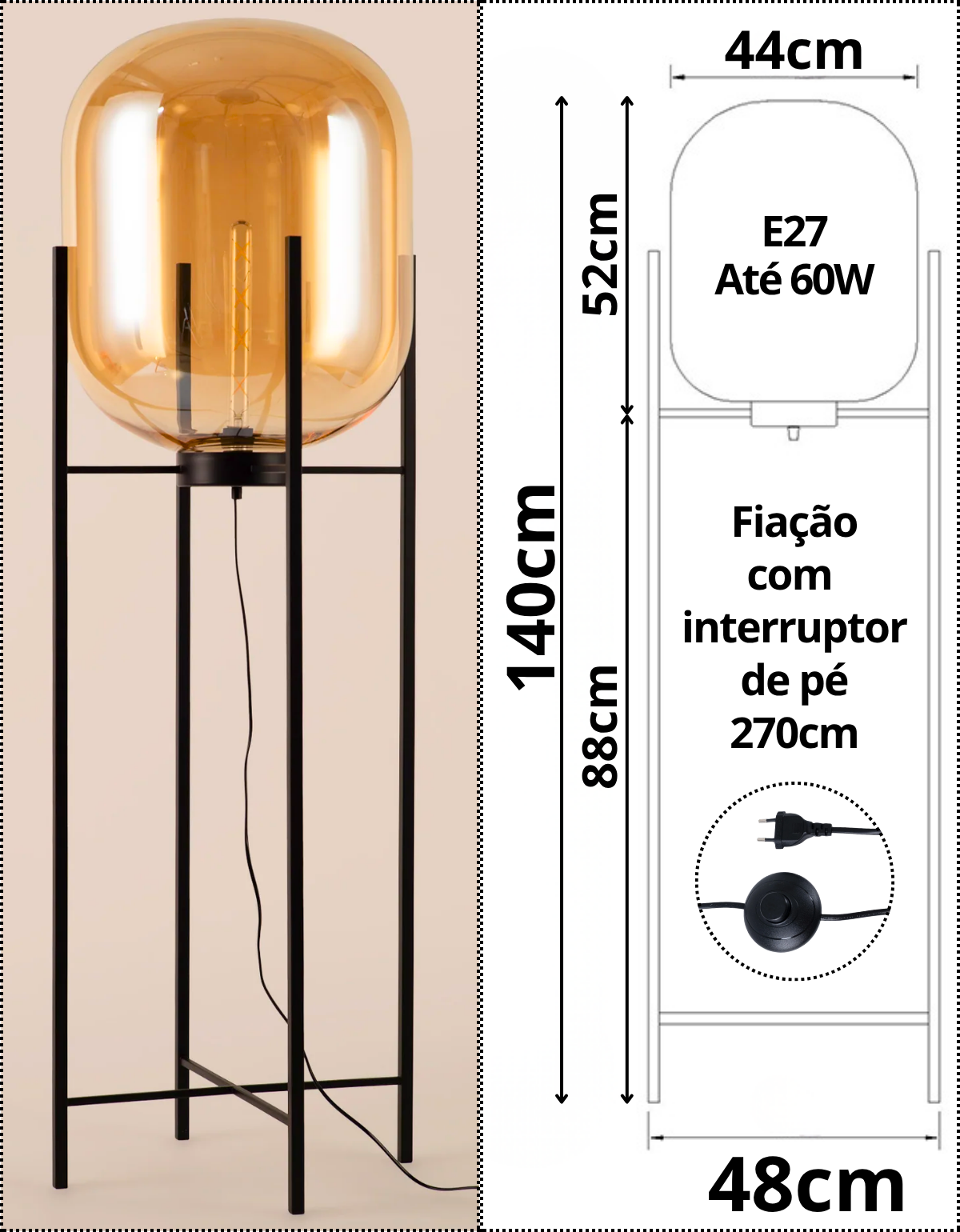 Ver imagem 4 de Luminária de Chão Piso 140cm Globo Vidro Âmbar Coluna Pedestal Moderno Industrial Lv-amb-4 Gimpo