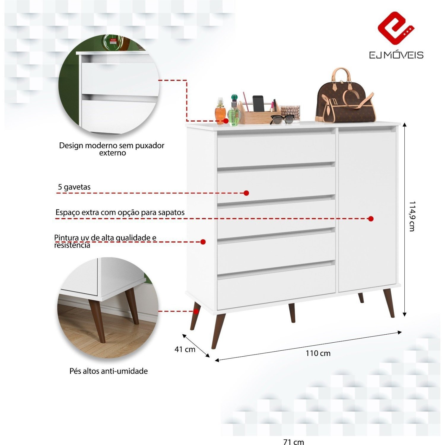 Cômoda Sapateira Retrô 5 Gavetas 1 Porta Rubi  - 3