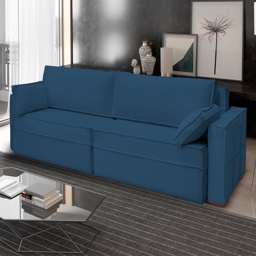 Sofá Cama Ferrari Retrátil e Reclinável Veludo Azul Marinho MadeiraMadeira