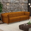 Ver imagem 1 de Sofá Living Sala de Estar Stanford Chesterfield 3 Lugares 260cm Pés de Madeira Couro Mel G58 - Gran