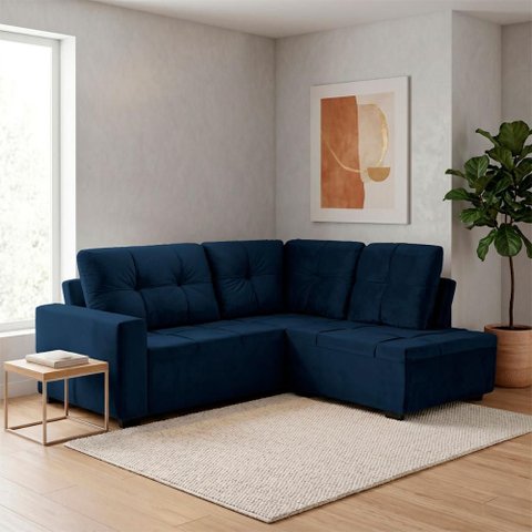 Sofá de Canto com Chaise Ibarra Suede Velut Azul - King House
