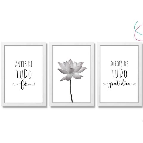 Kit 3 Quadros Decorativos - Fé e Gratidão Flor de Lótus:branca