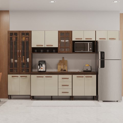 Cozinha Modulada Completa Fidelitá Lisboa 6 Peças 330cm 15 Portas 3 Gavetas com Tampo