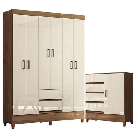 Guarda Roupa Casal Fit 6 Portas de Bater com Cômoda 1 Porta 4 Gavetas MDP Jequitibá Off White