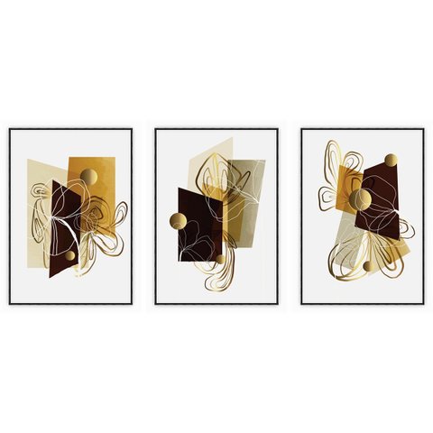 kit com 3 Quadros Decorativos Abstratos com Moldura e Vidro para Sala Quarto Escritório e Clínica 42
