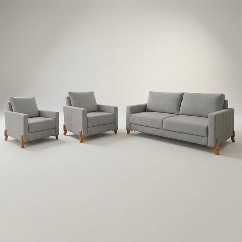 Conjunto Sofá 02 Lugares Living Topázio e Duas Poltronas Tecido Linho Cinza Claro 1,80m