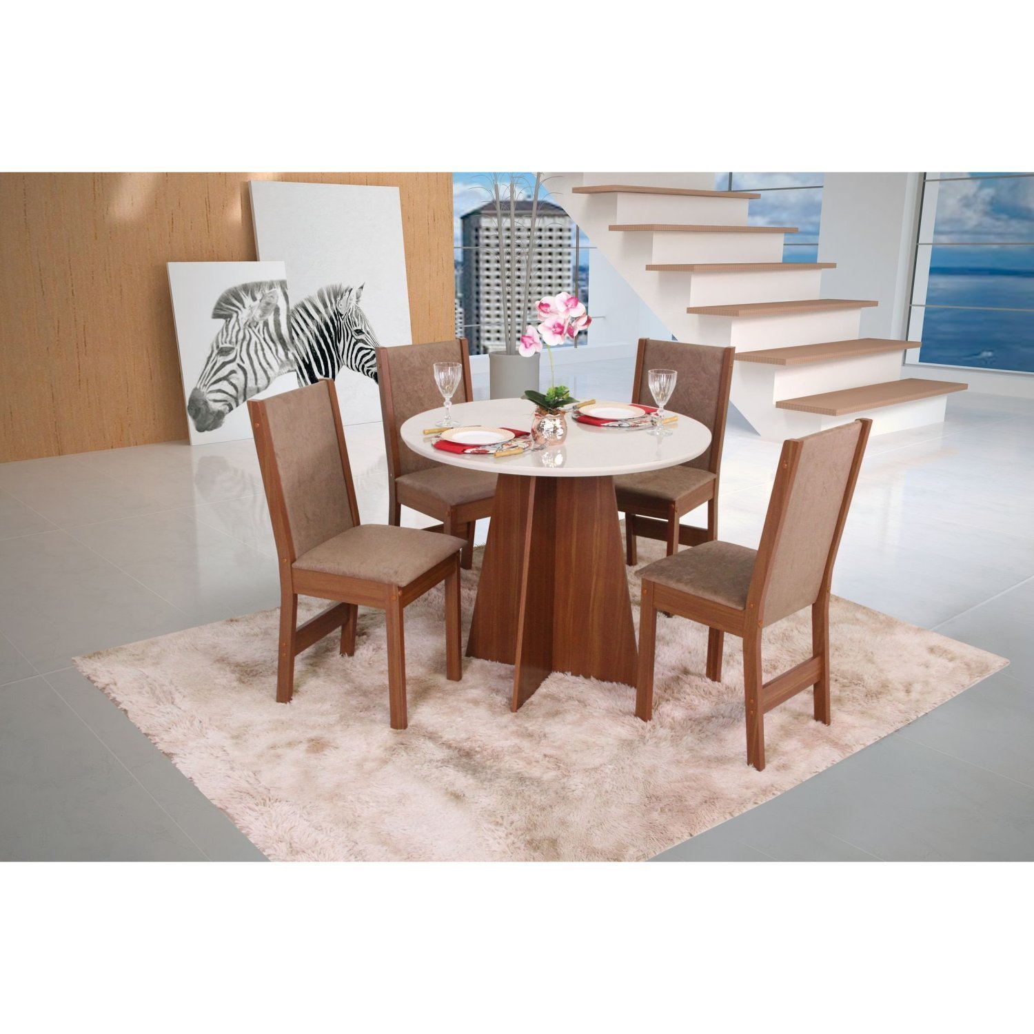 Conjunto Sala de Jantar Mesa Redonda Elane com 4 Cadeiras Nobre - 1