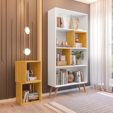 Estante de Livros Retrô 90cmx180cm Pés em Madeira Maciça 4 Nichos Removíveis Atlas YesCasa