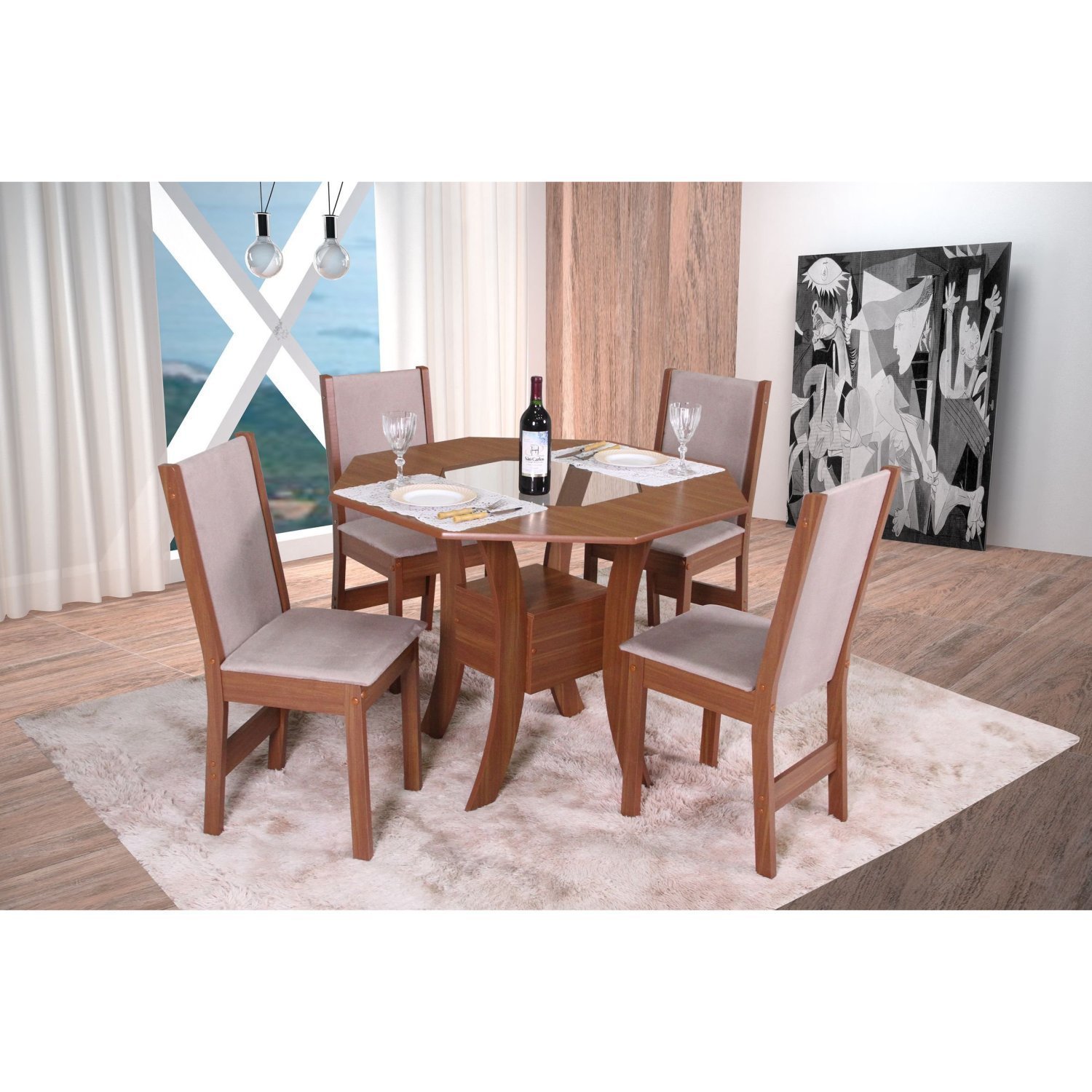 Conjunto Sala de Jantar Mesa Oitavada Munique com 4 Cadeiras Nobre - 1