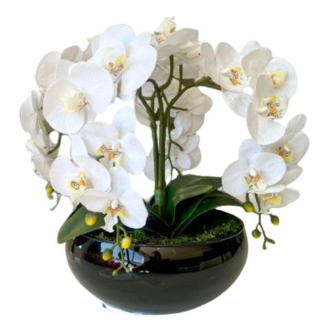 Arranjo de Mesa com 4 Flores Orquídeas Brancas Vaso Preto