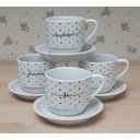 Ver imagem 6 de Jogo 4 Xícaras Café Chá C/ Pires Frases Motivacionais - 200 Ml Empilháveis - Poá Coração Colorido