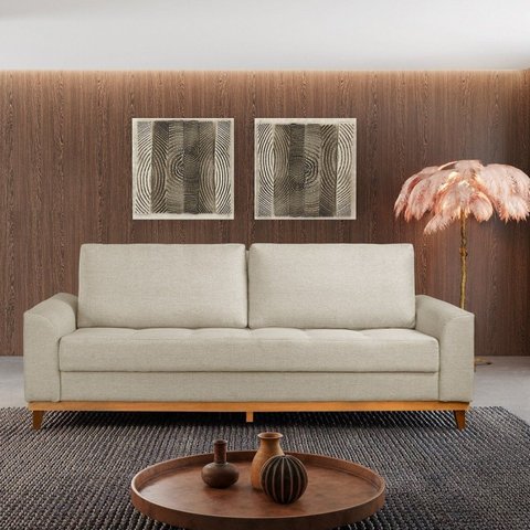 Sofá Cama Casal Retrátil 3 Lugares Linho Palha Alegra 224cm