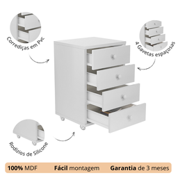 Mesinha Gaveteiro com Rodízios 4 Gavetas para Escritório Mdf - 3
