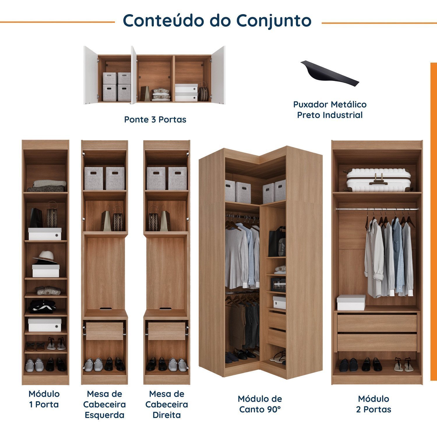 Guarda Roupa Modulado de Casal 12 Portas 6 Peças 2 Mesas de Cabeceira Hera CabeCasa MadeiraMadeira - 3