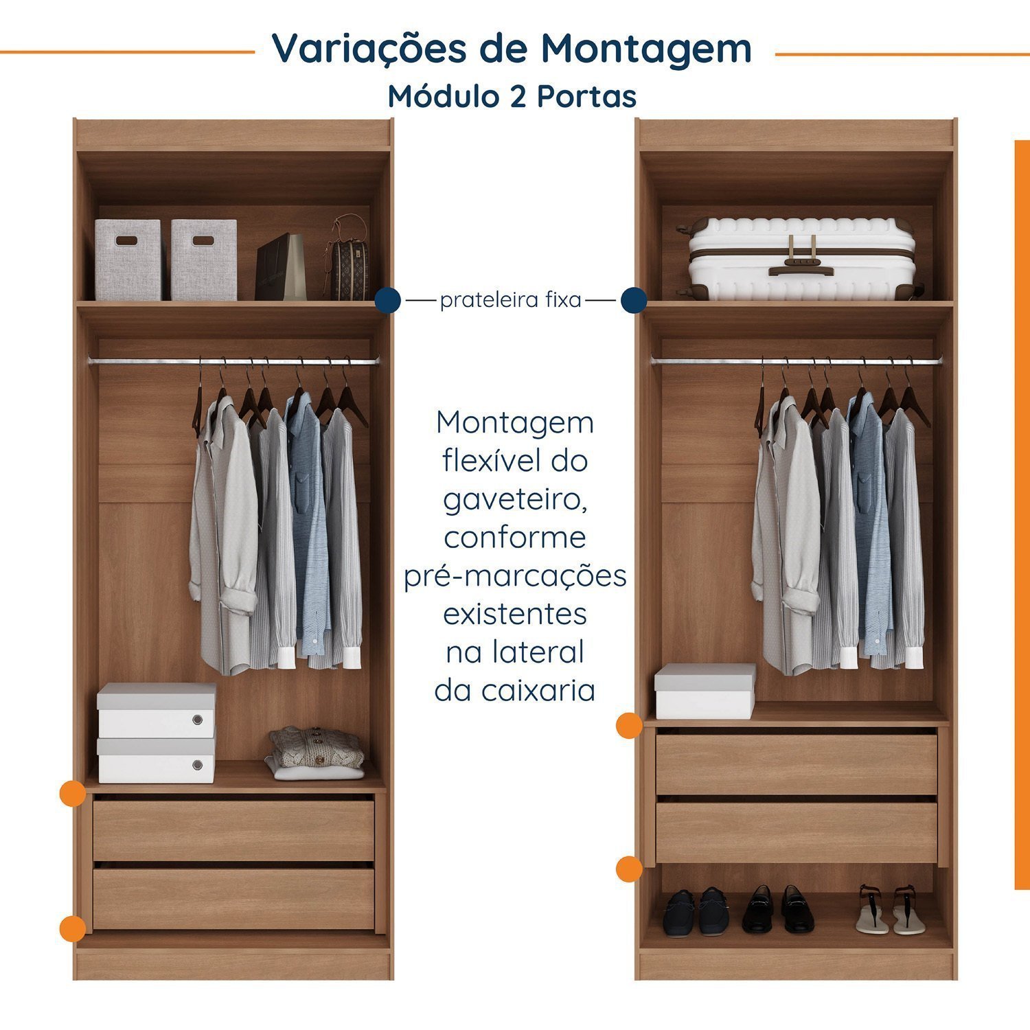 Guarda Roupa Modulado de Casal 12 Portas 6 Peças 2 Mesas de Cabeceira Hera CabeCasa MadeiraMadeira - 9