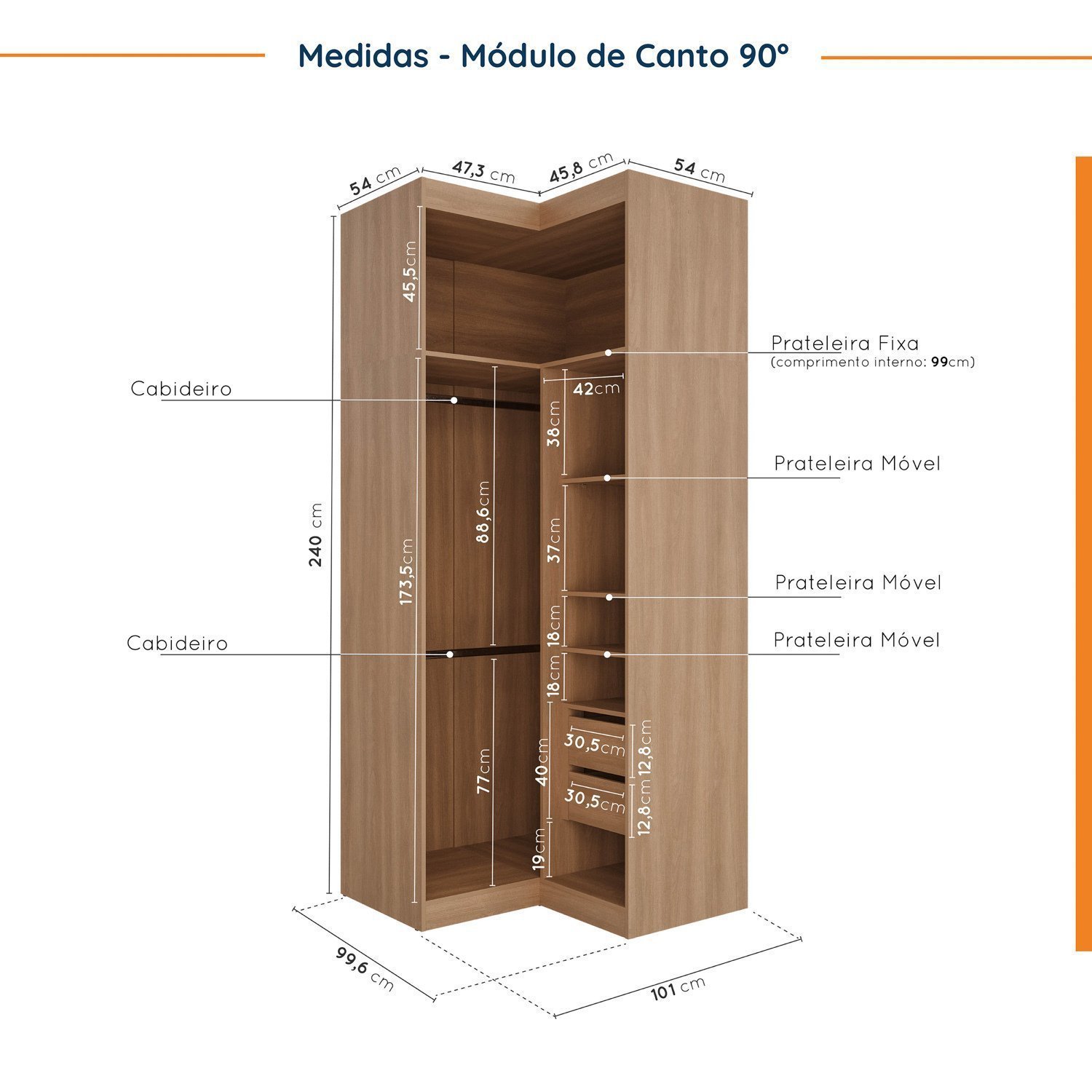 Guarda Roupa Modulado de Casal 12 Portas 6 Peças 2 Mesas de Cabeceira Hera CabeCasa MadeiraMadeira - 12