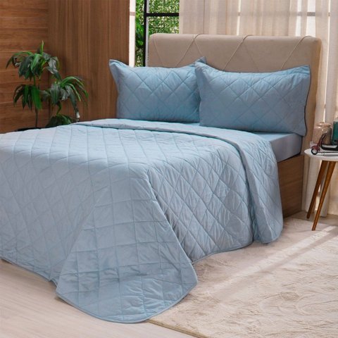 Kit Colcha King 200 Fios Lisa 100% Algodão 260x280cm Bruma Azul