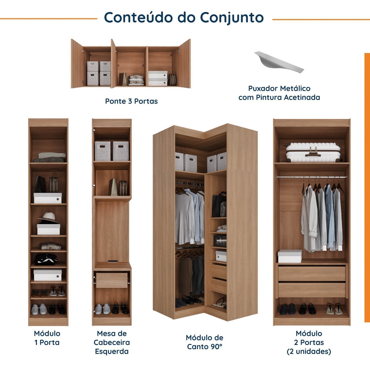 Guarda Roupa Modulado de Casal 12 Portas 6 Peças 1 Mesa de Cabeceira Hera CabeCasa MadeiraMadeira - 3