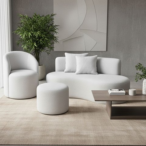 Conjunto 01 Poltrona + Sofá e 1 Puff Curvo Orgânico Nature Gaia Boucle Cinza Claro - Montanaris Deco