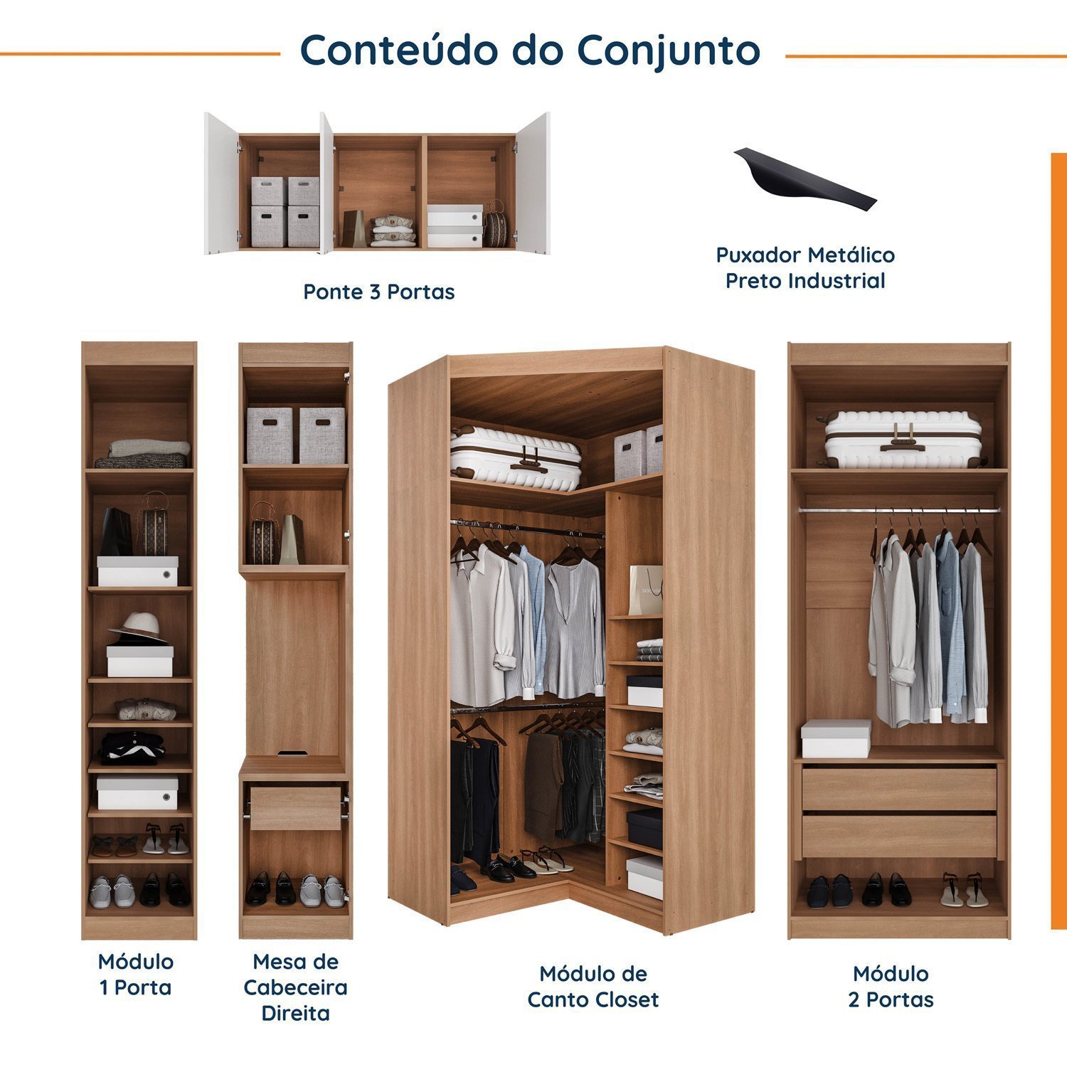 Guarda Roupa Modulado de Casal 10 Portas 5 Peças e 1 Mesa de Cabeceira Hera CabeCasa MadeiraMadeira - 3