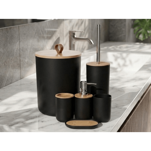 Kit Banheiro 6 Peças Elegance Preto com Detalhes em Bambu