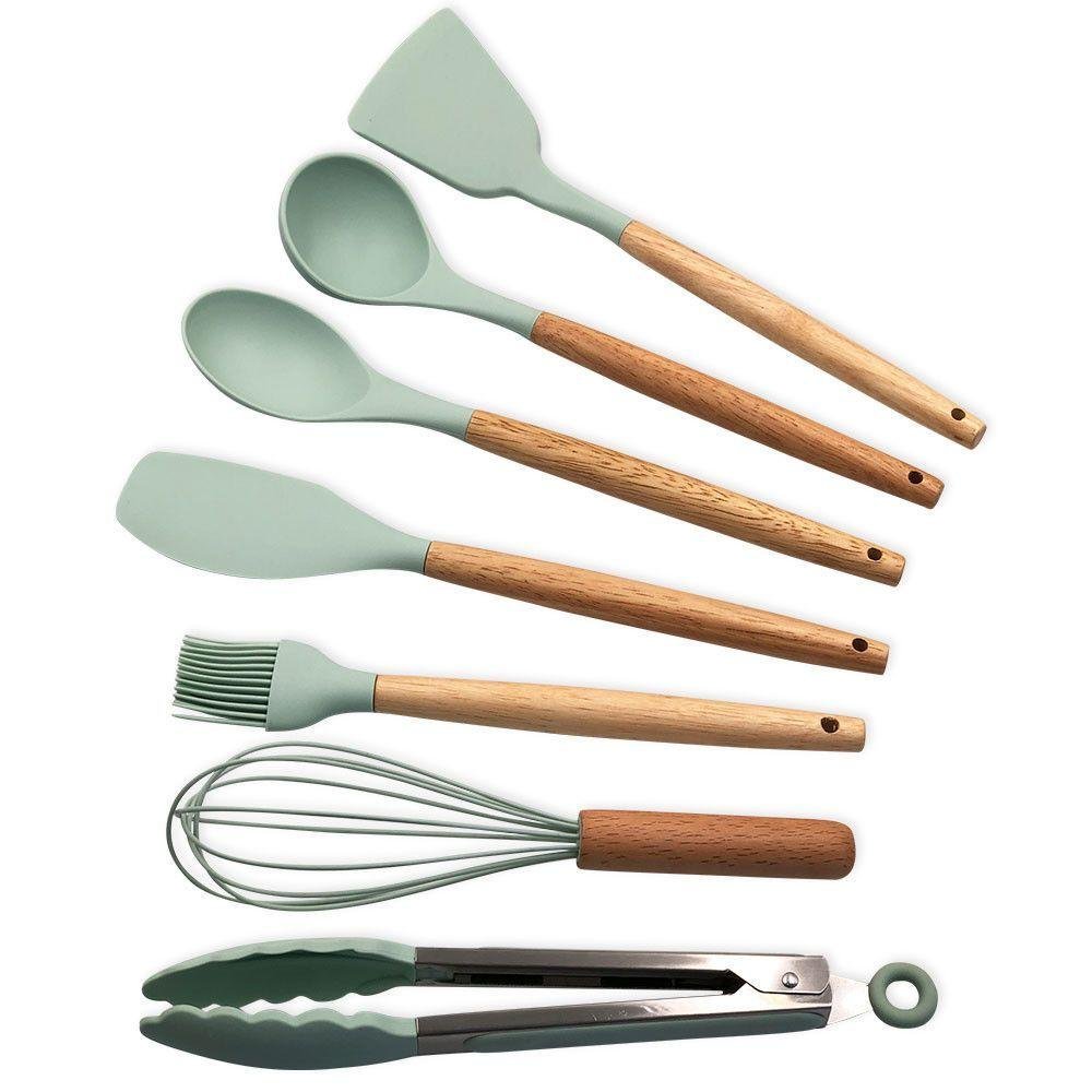 Conjunto de Utensílios Silicone 8 Peças Praticidade e Beleza Cor:verde Claro - 2