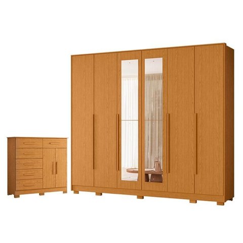 Guarda Roupa Casal Mercure com Espelho 06 Portas e Cômoda Xangai 06 Gavetas 02 Portas Cinamomo - m