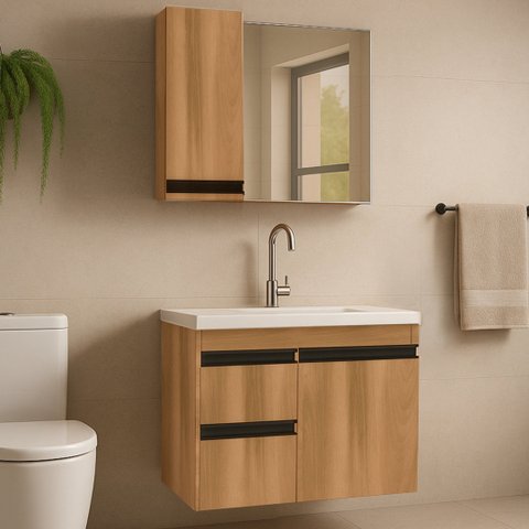 Gabinete para Banheiro com Armário, Gavetas e Cuba King 58cm Montado Fimap Freijó