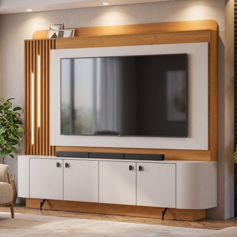 Estante para TV e Home Theater MDF 182cmx204cm Detalhes Curvos Laranja Cinamomo/Off