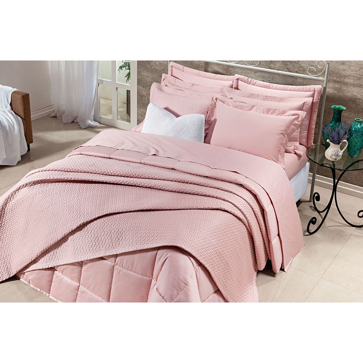 Cobre Leito Solteiro 400 Fios Egípcio 100% Algodão Rosa + Jogo de Cama - 5 Peças - 4