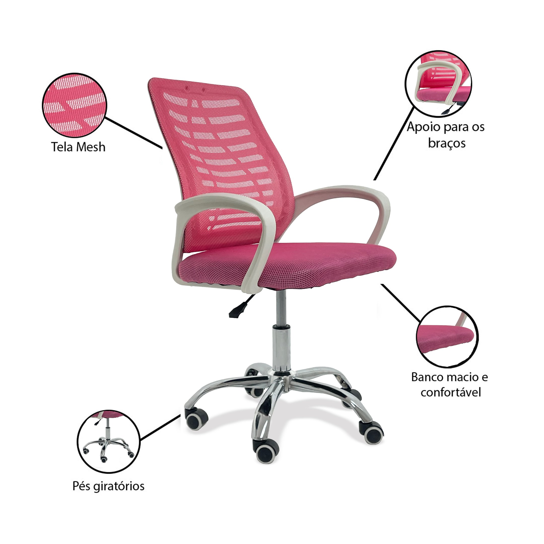 Cadeira de Escritório Esteirinha Mesh Ergonômica Giratória - Rosa - 4