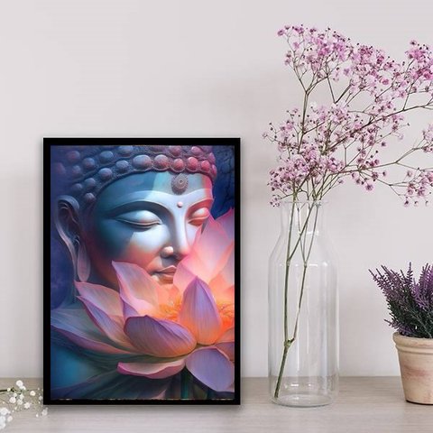 Quadro Buda Flor De Lotus 33x24cm:Madeira preta