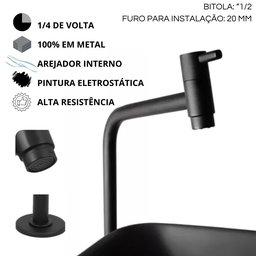 Conjunto Preto Fosco Banheiro Cuba de Vidro Retangular 38 Cm + Torneira Link + Válvula Click - 8