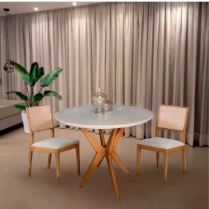 Mesa de Jantar Tampo e Vidro Redondo 80cm Base Estrela Mel Tampo Off White **somente a Mesa**