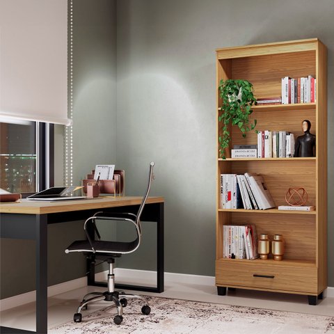Conjunto Mesa Escritório com Estante 1 Gaveta 100% Mdf Freijó Preto Fosco Pradel