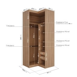 Guarda Roupa de Canto Reto Modular com 3 Prateleiras 2 Gavetas Hera CabeCasa MadeiraMadeira - 3