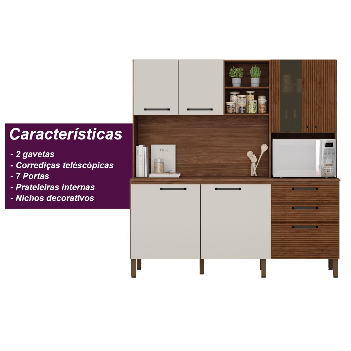 Armário de Cozinha Compacta 7 Portas 2 Gavetas Mega - Nogueira/off White/ripado - 6