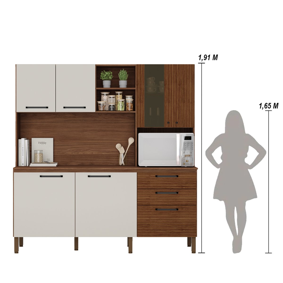 Armário de Cozinha Compacta 7 Portas 2 Gavetas Mega - Nogueira/off White/ripado - 4