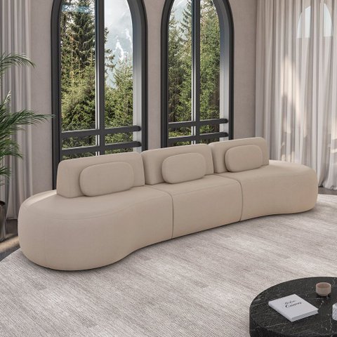 Sofá Sala de Estar Modulado França 326cm Encosto Articulável com Almofadas Veludo Bege G45 - Gran Be