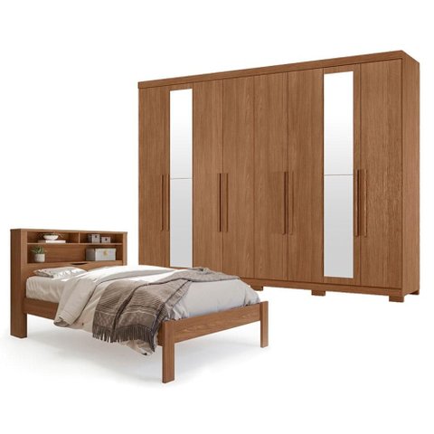 Guarda Roupa Casal 8 Portas 4 Gavetas Master New com Espelho e Pés e Cama Casal Invicta Jatobá Aceti