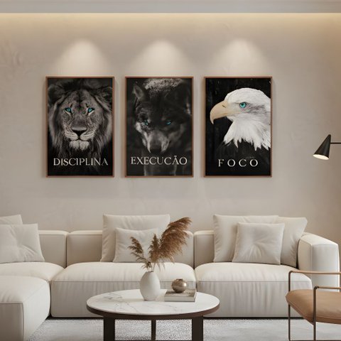 Kit 3 Quadros Disciplina Execução Foco Motivação Moldura:tabaco