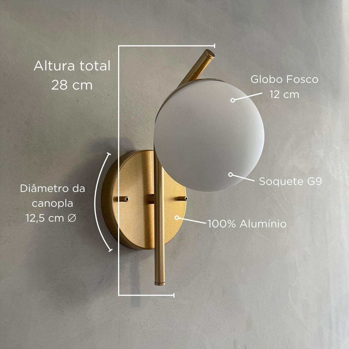 Arandela de Parede Dourado em Aluminio Inclinada com Vidro Globo Fosco 12cm Soquete G9 Tensao Bivolt - 3