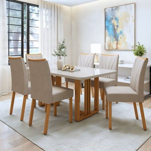 Conjunto Sala de Jantar 6 Lugares Retangular Tampo Vidro/MDF Mesa Tessera Cadeiras Pés Madeira Jade