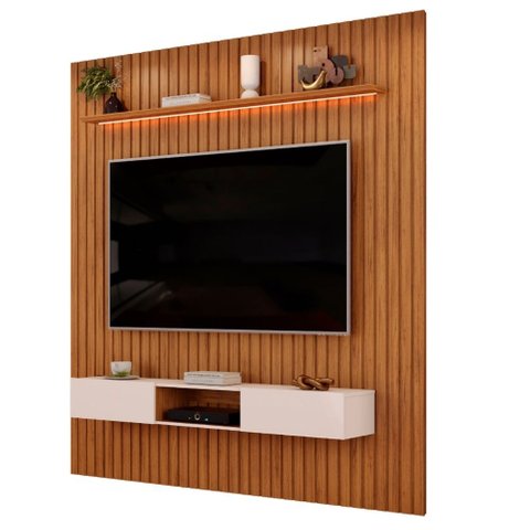 Painel para Tv até 90 Polegadas 2,75m Ripado Autêntico com Led e Nicho Montreal Madeirado/off