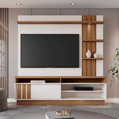 Home Mariana 1,80m Tv 55" Painel Ripado Prateleira Nichos Led - Perola Metalizado/amendoa