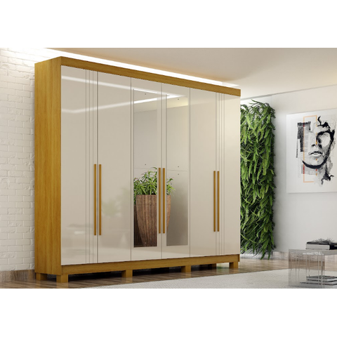 Guarda Roupa Madri 6 Portas 4 Gavetas com Pés e Espelho:Cinamomo/Off