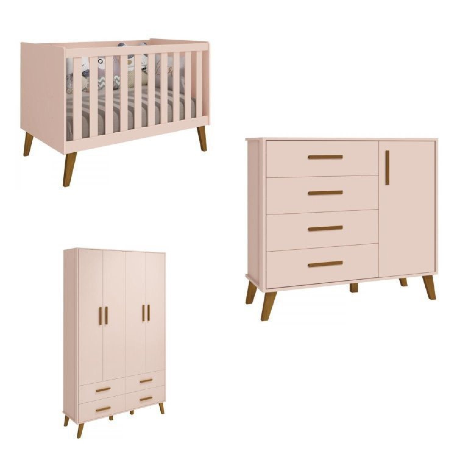 Quarto para Bebê Completo Berço Retrô com Cômoda e Guarda Roupa 4 Portas Ayla  - 2