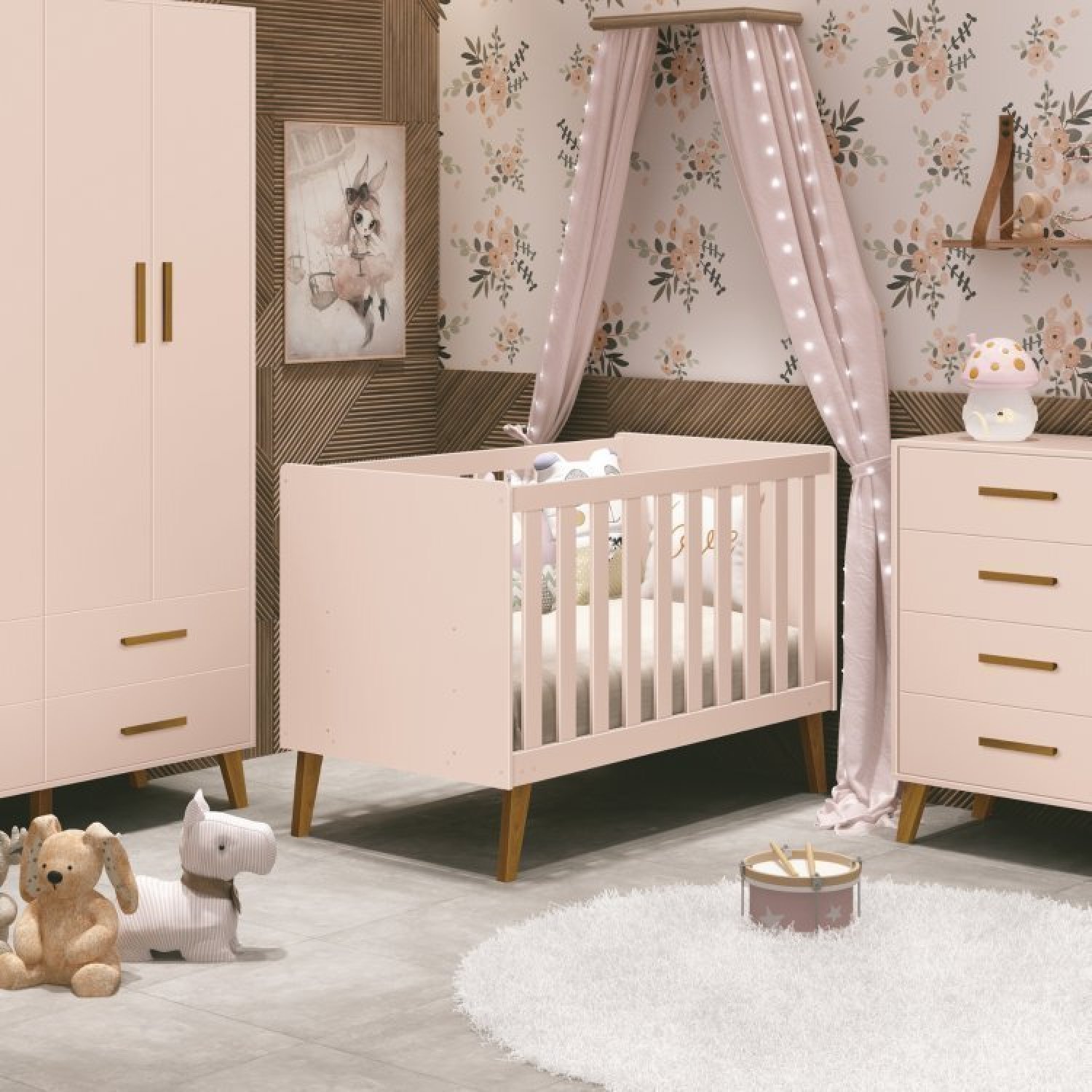 Quarto para Bebê Completo Berço Retrô com Cômoda e Guarda Roupa 4 Portas Ayla  - 8