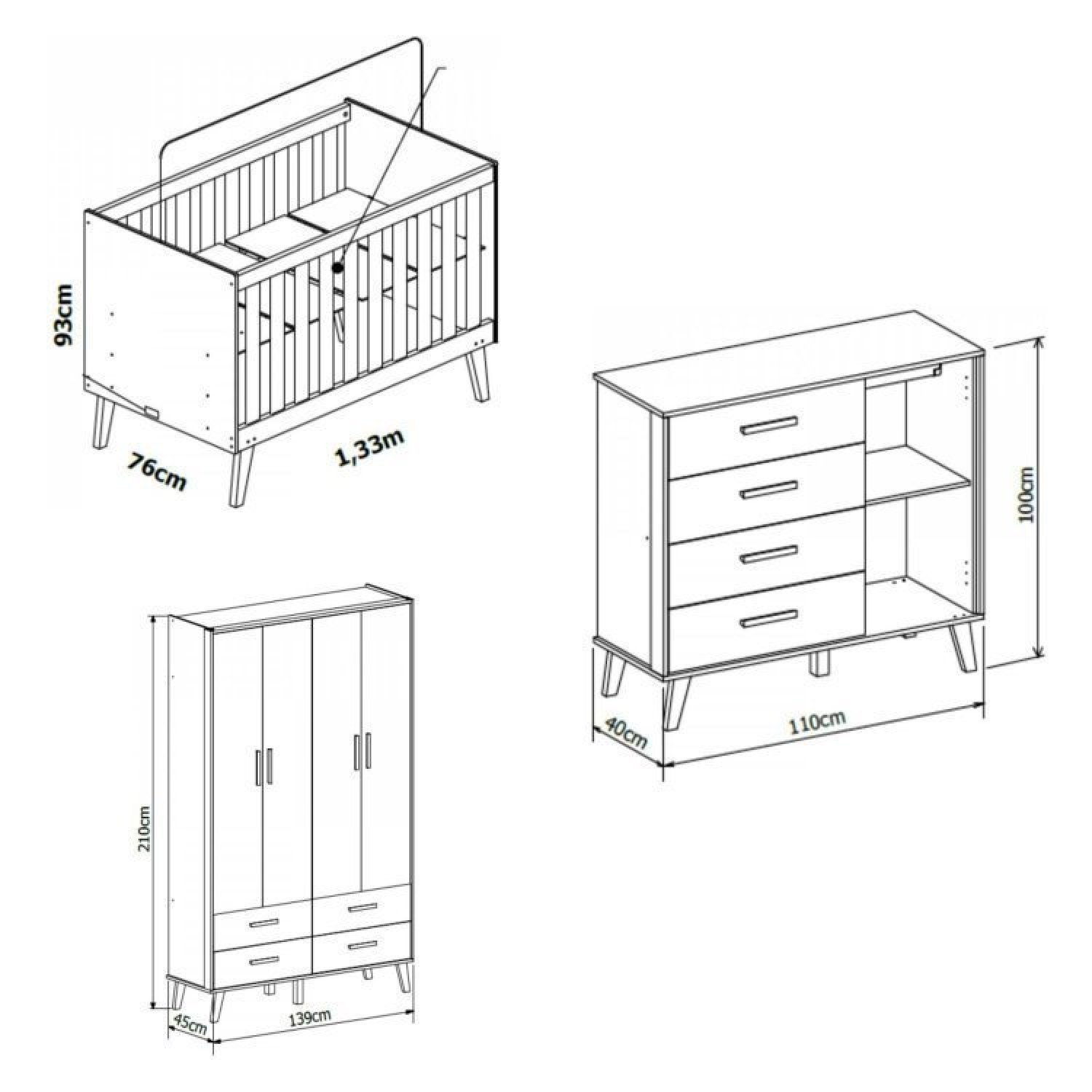 Quarto para Bebê Completo Berço Retrô com Cômoda e Guarda Roupa 4 Portas Ayla  - 3